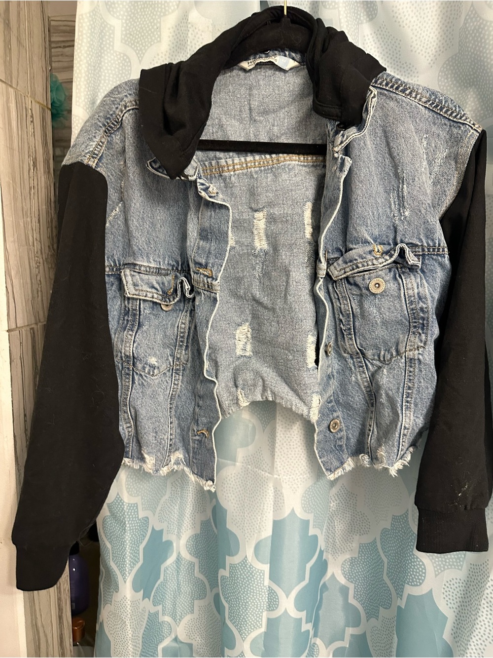 Denim Hooded Distressed  Crop Jacket with Black Sleeves - Medium